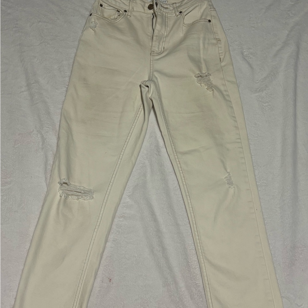 Casual Cream Distressed Boyfriend Jeans